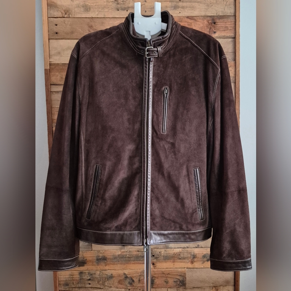 Hilfiger Hh_Hhh Biker Moto Jacket Real Suede Leather Full Zip Mens L Dark Brown
